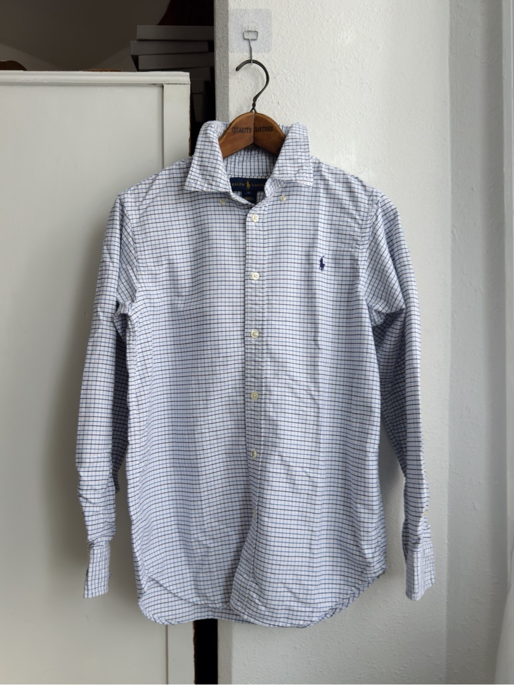 Ralph Lauren White and Blue Checked Button-Down Dress Shirt